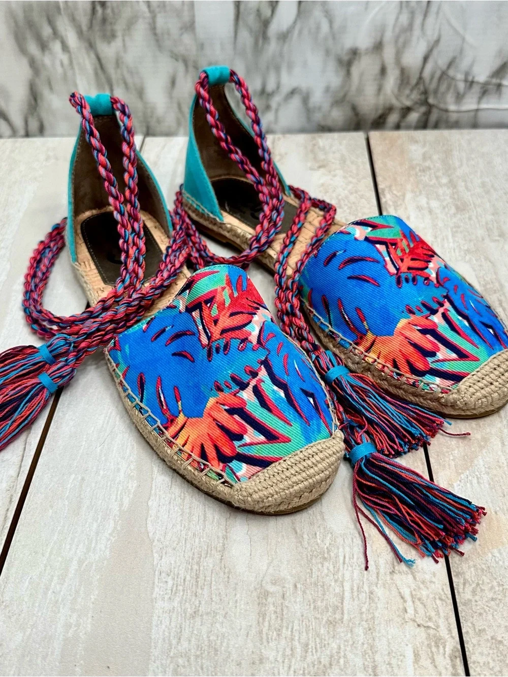 Sam Edelman Blue Multi Tropical Espadrille Lace-Up Flats